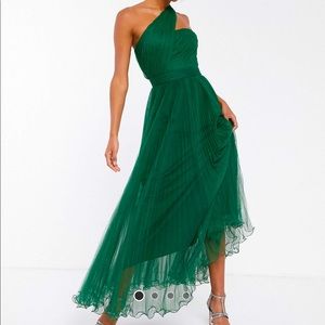 One shoulder forest green maxi dress in tulle